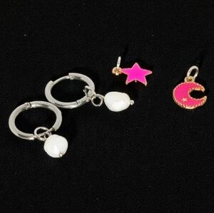 Silver Hoop Earrings Interchangable Charms New Age Grunge Mod 1960s Bold Boho